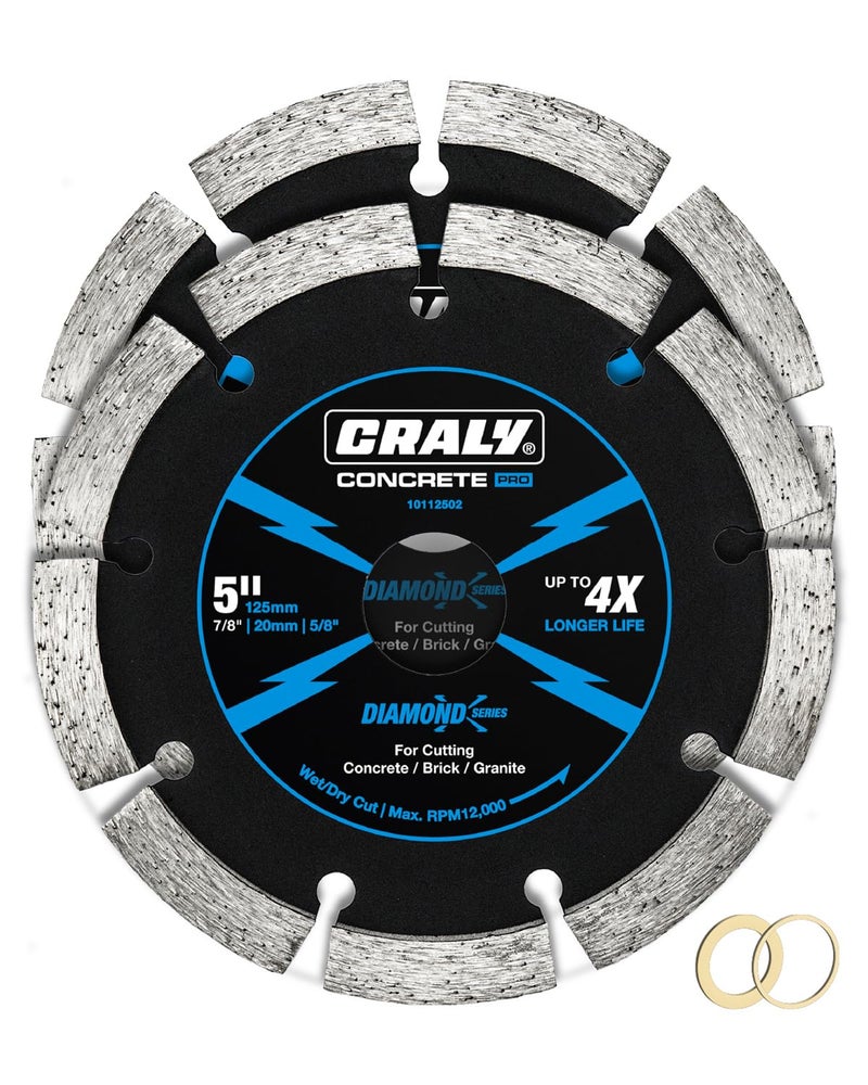 CRALY 5 Inch Super Thin Segmented Diamond Blade, 7/8 in Arbor, 5'' Diamond Stone Blade for Angle Grinder & Masonry Saw, Diamond Cutting Wheel for Cutting Concrete, Brick, Granite, Block, 2PC - Image 1